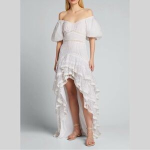 LoveShackFancy White Off-Shoulder High Low Dress